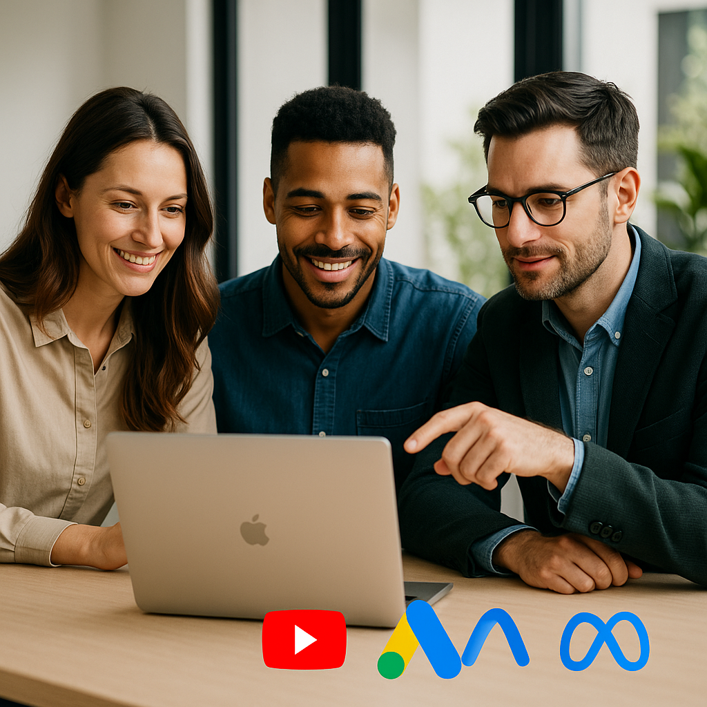 Equipo de AdOrbit colaborando en una estrategia de campaña.